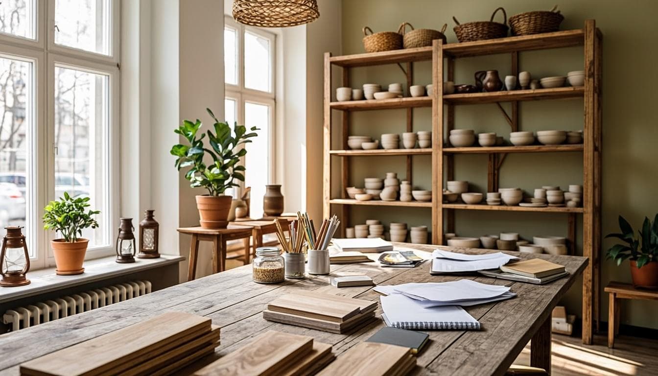 Sunlit home goods atelier with wooden shelves, ceramics and craft tools