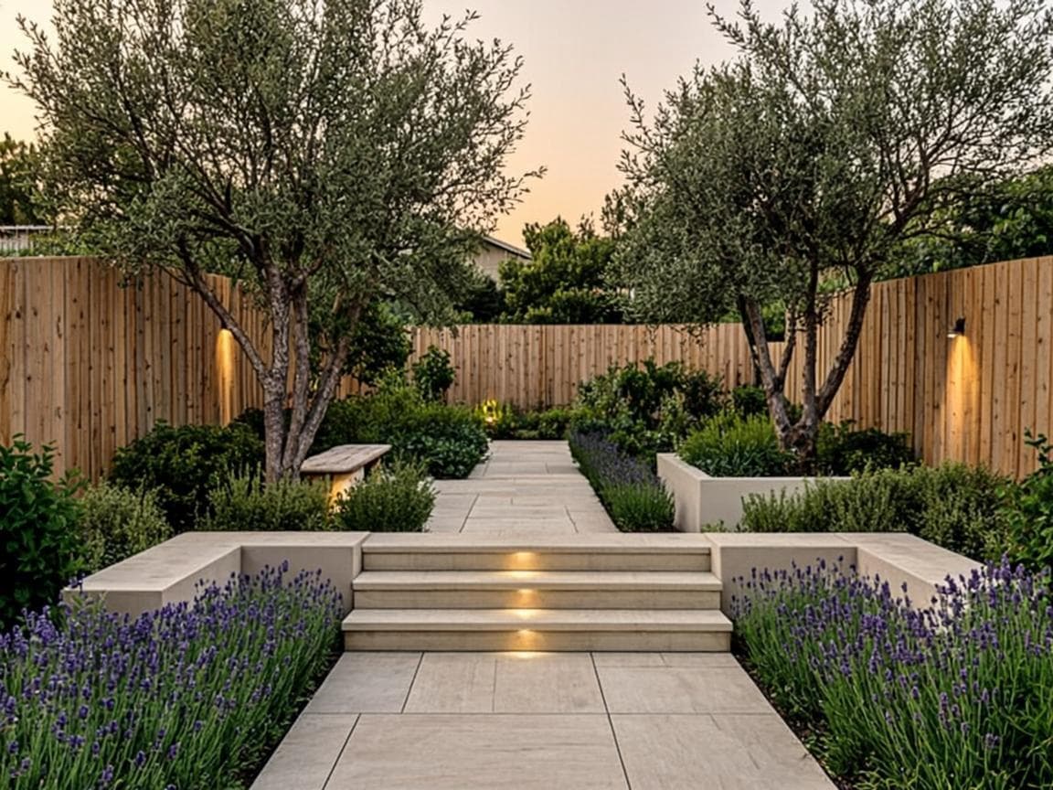 Modern European garden with raised planters, olive trees and lanterns