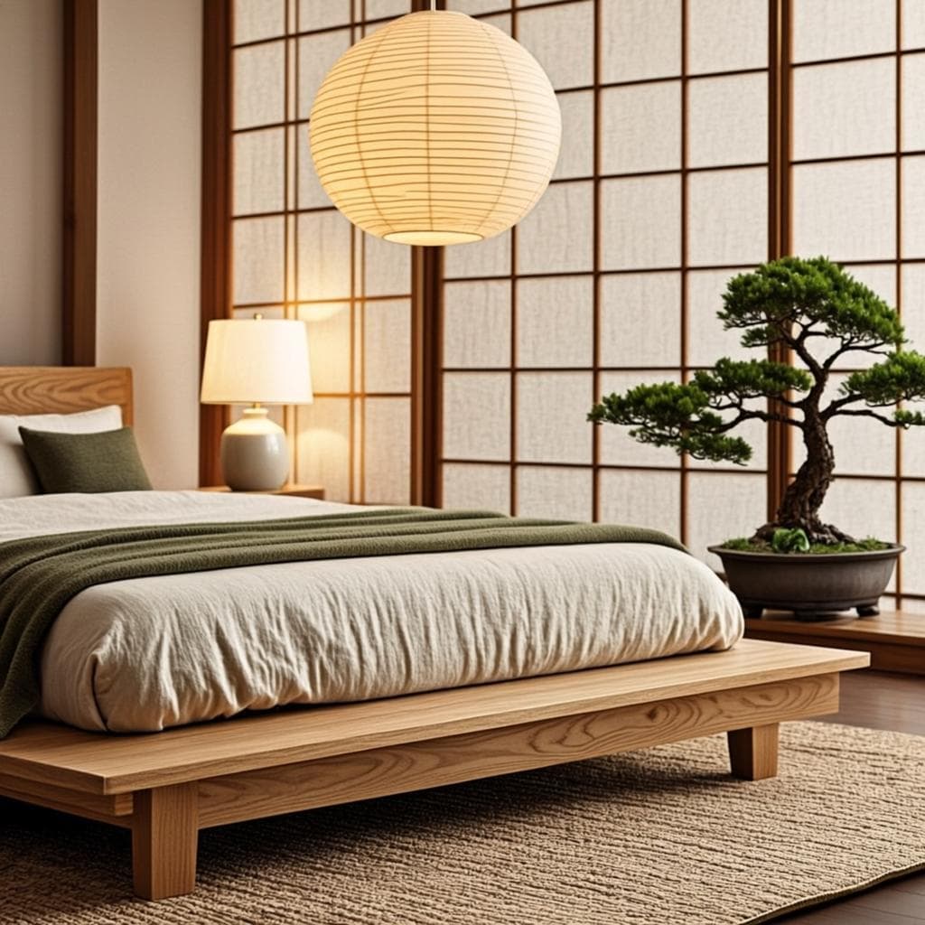 Japandi interior with low wooden bench, paper lantern and bonsai