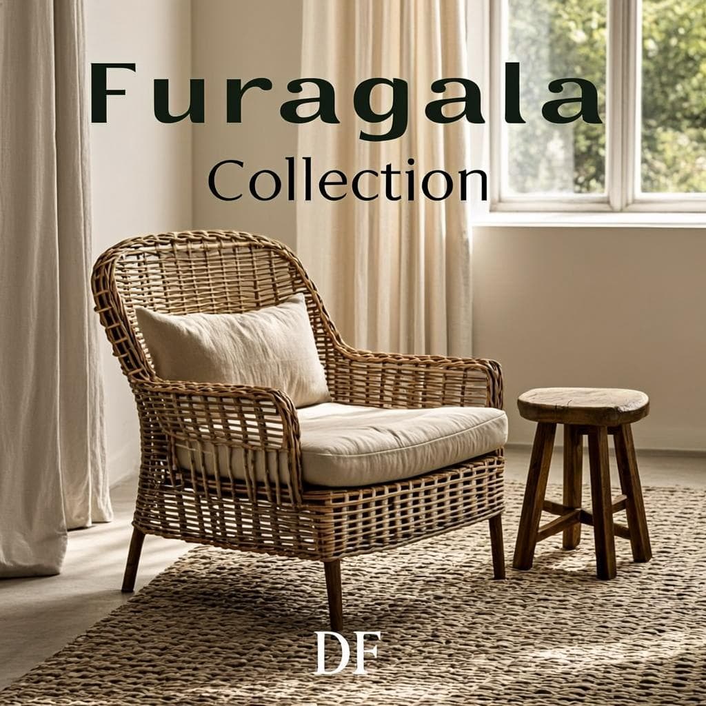 Natural style corner with rattan armchair and jute rug in daylight