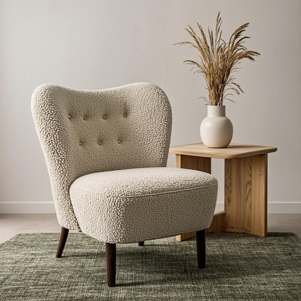 Warm minimal corner with cream boucle armchair and dried grass in a vase