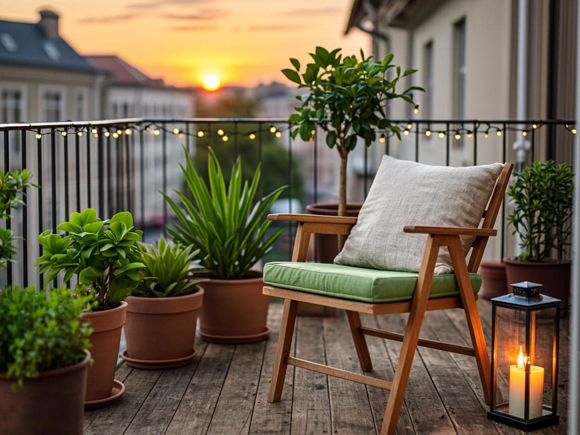 Small balcony turned green oasis at sunset
