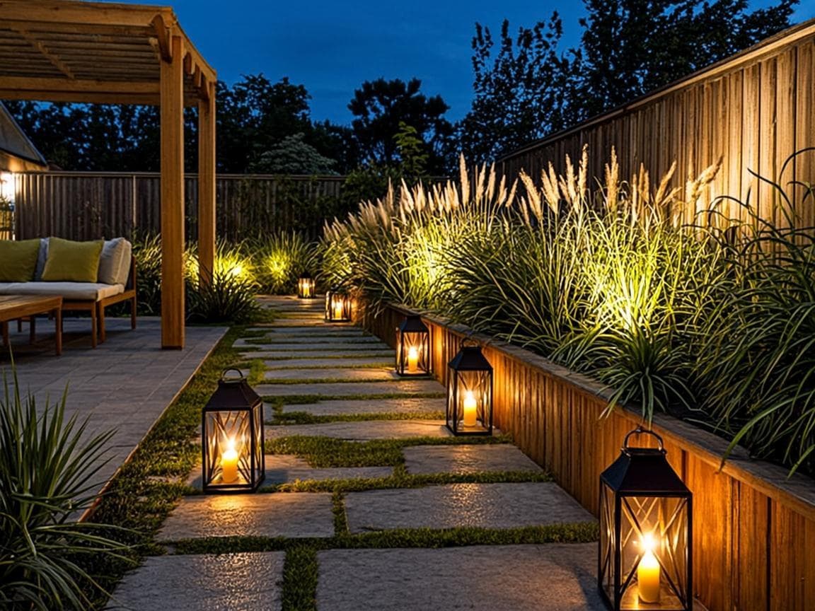 Garden path lit by solar lanterns at night