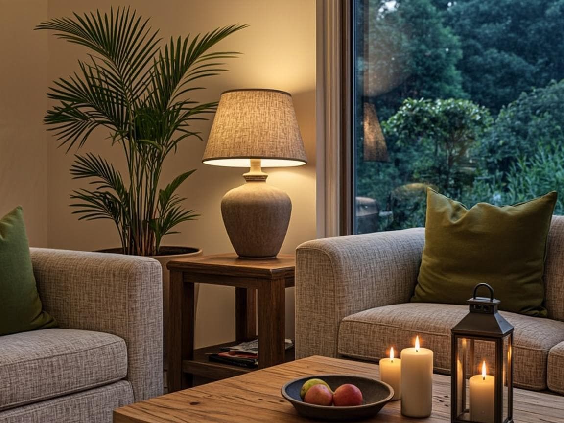 Warm glowing table lamps in a living room corner at dusk