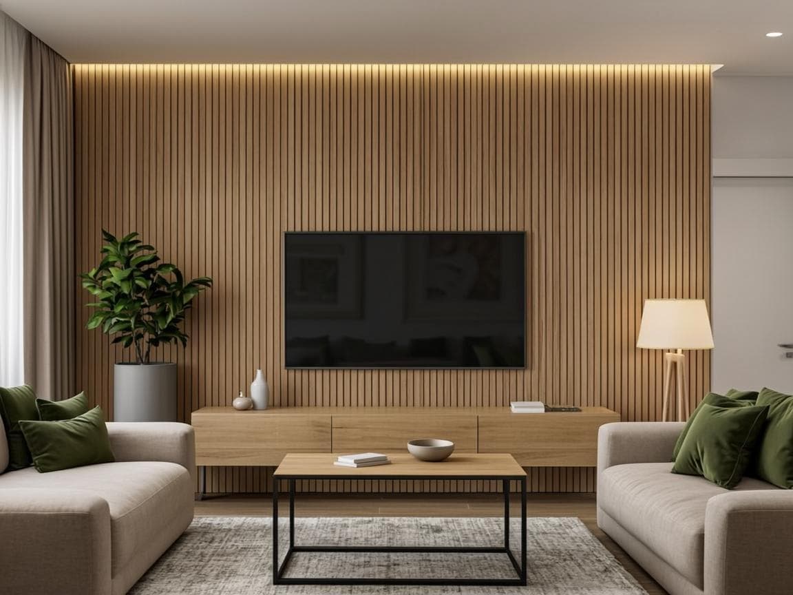 Living room wall with oak slat panels behind the TV