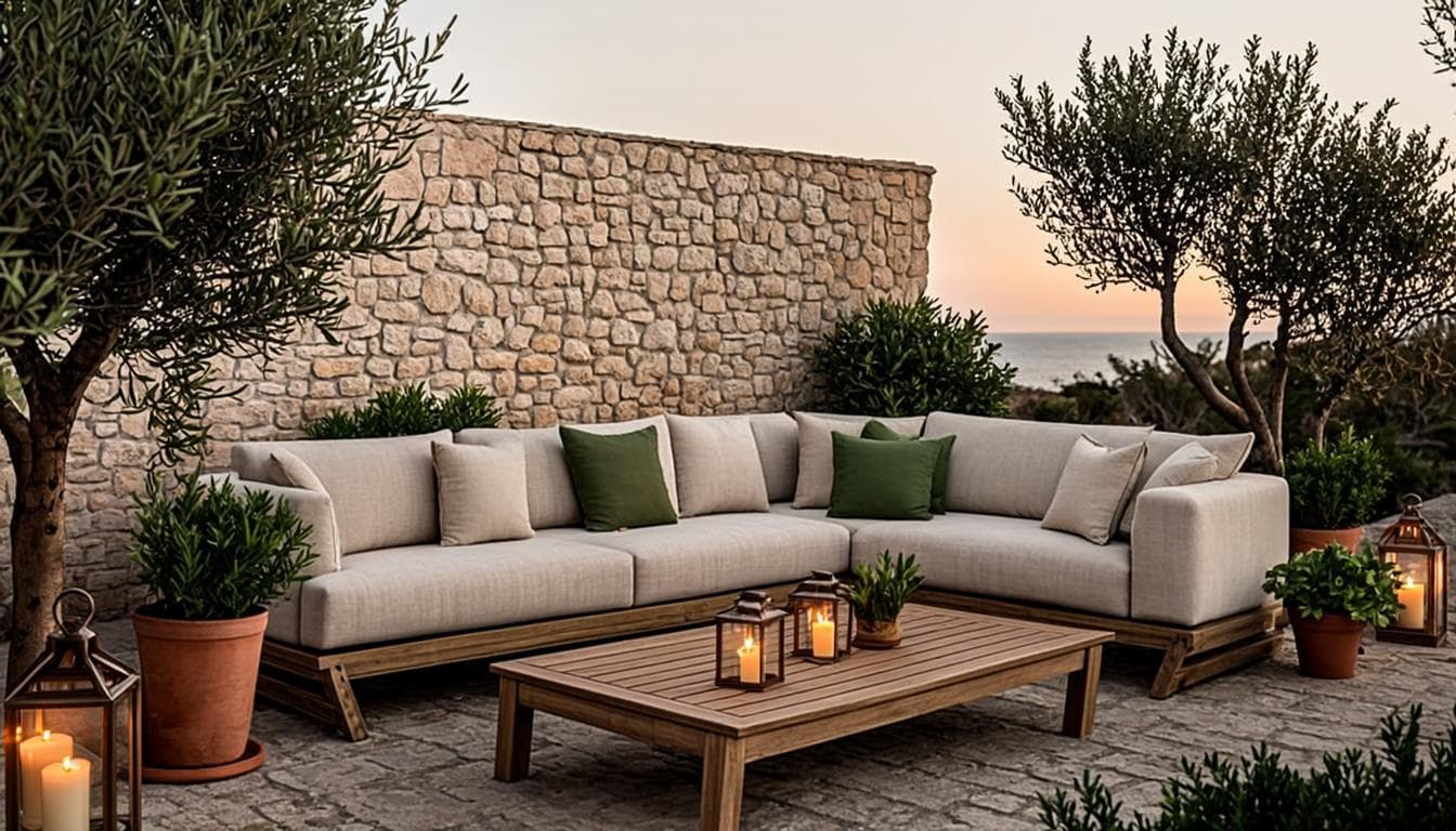 Modern Mediterranean terrace at dusk with outdoor sofa, lanterns and olive trees