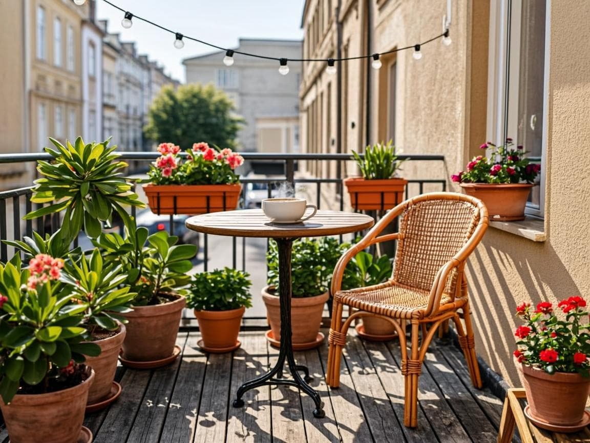 Cozy balcony with deck tiles, bistro chair and potted plants