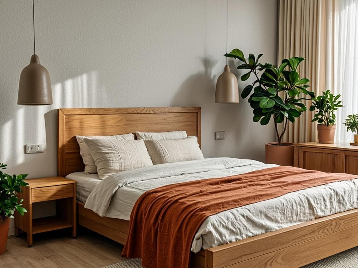 Serene bedroom with natural wood bed frame and linen bedding