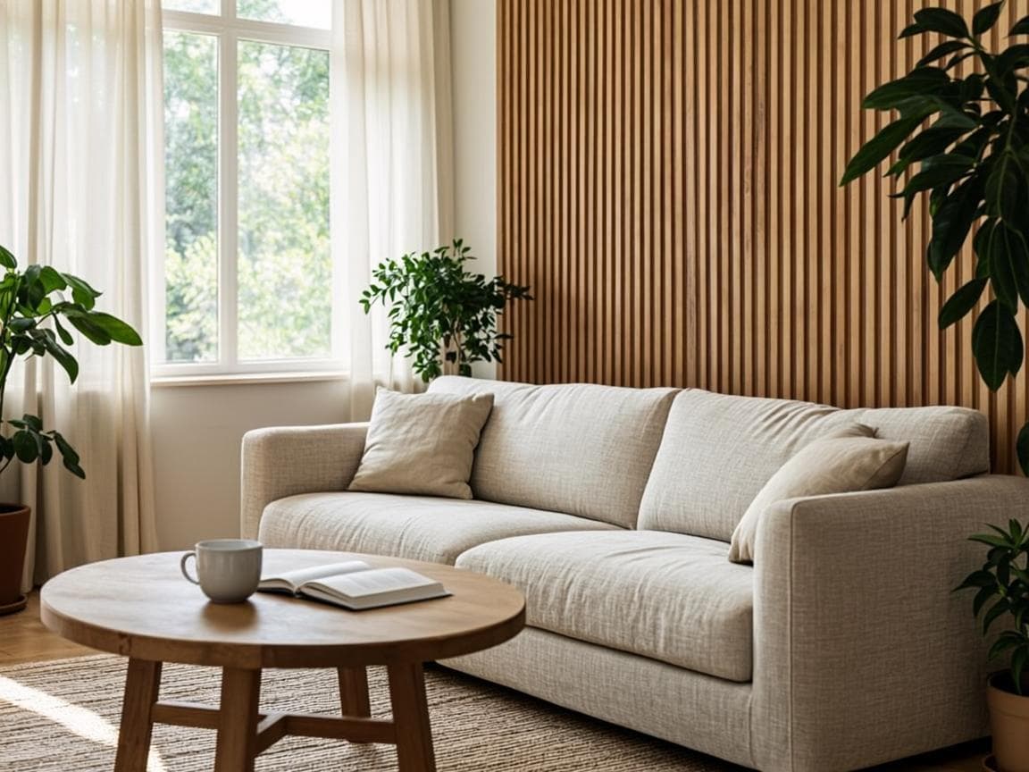 Warm minimalist living room with linen sofa and natural light