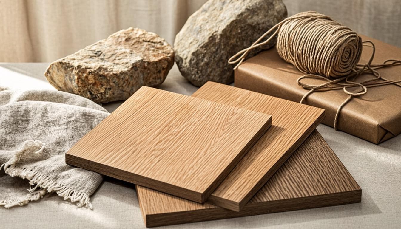 Natural materials flat lay with oak samples, linen, stone and paper packaging